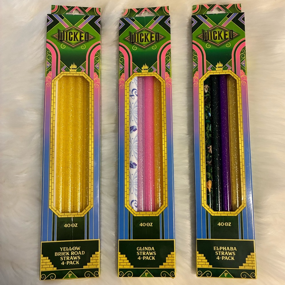 WICKED Glinda, Elphaba, & Yellow Brick Road CharCharms 40 oz Straws 4 Pack EACH